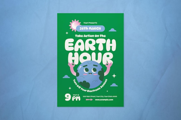 PSD green cute cartoon earth hour flyer