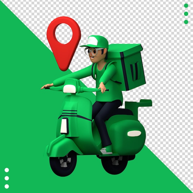 Uno scooter verde per le consegne con una spilla rossa sul davanti.