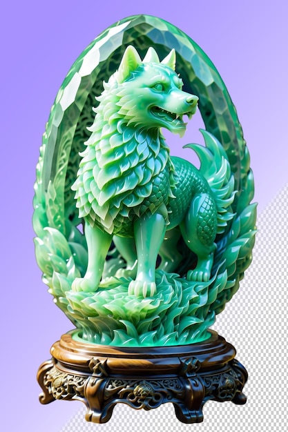 PSD a green dragon statue with a blue background