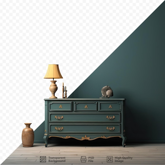 PSD a green dresser with a lamp on it that says 