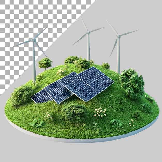 Green energy concept with solar panels and wind turbines on a grassy hill isolated on a Transparent background