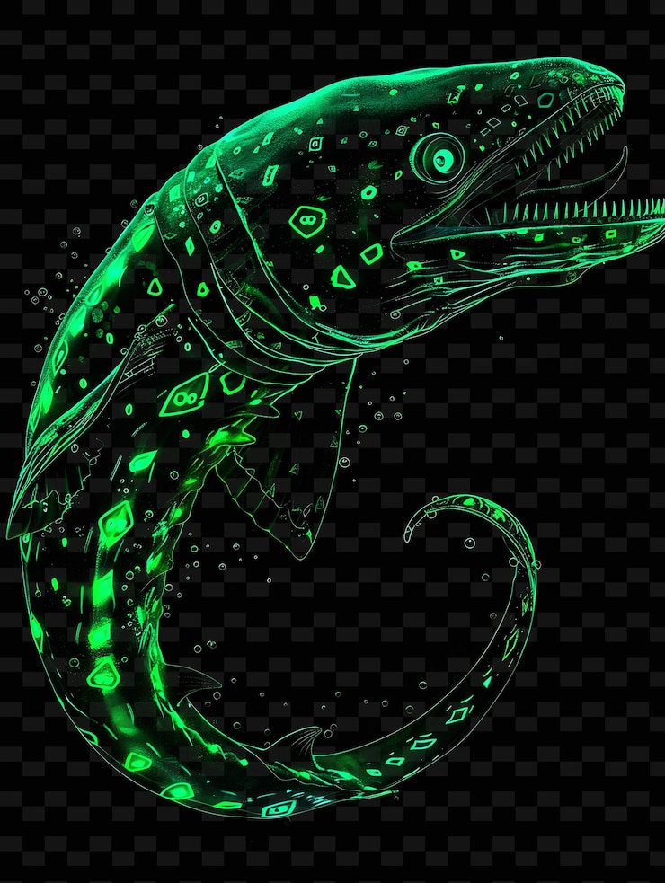 PSD a green fish with a green tail and a green glowing circle on a black background