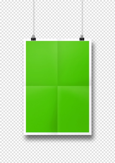 PSD green folded poster hanging on a white wall with clips