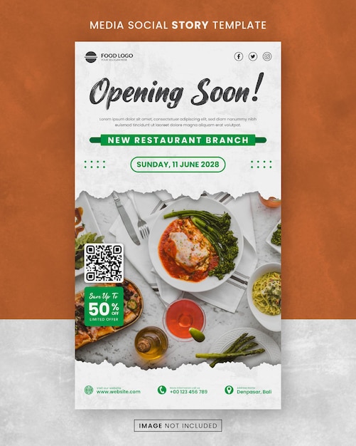 Green Food and Restaurant Grand Opening Media Social Story Шаблон сообщения в социальных сетях