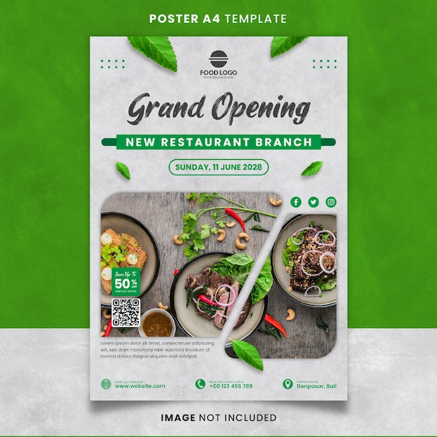 PSD green food and restaurant grand opening poster or banner template