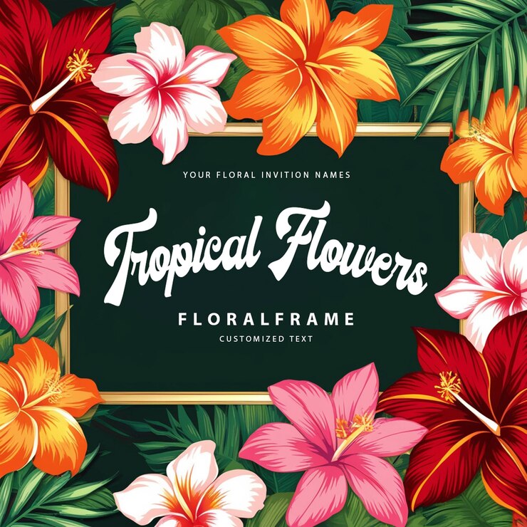 a green frame with flowers and a frame that says tropical flower
