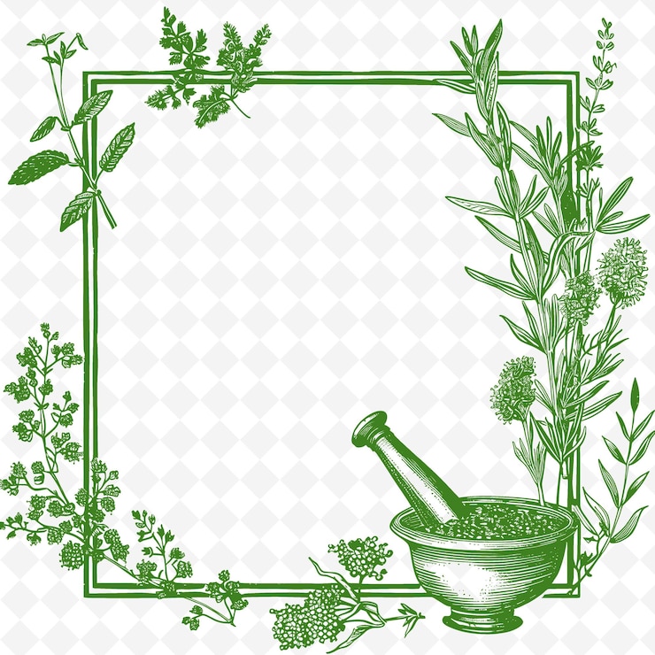 PSD a green frame with a picture of a pot of olive oil and herbs