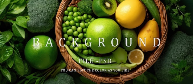 PSD green fresh fruits and vegetables in basket healthy lifestyle concept