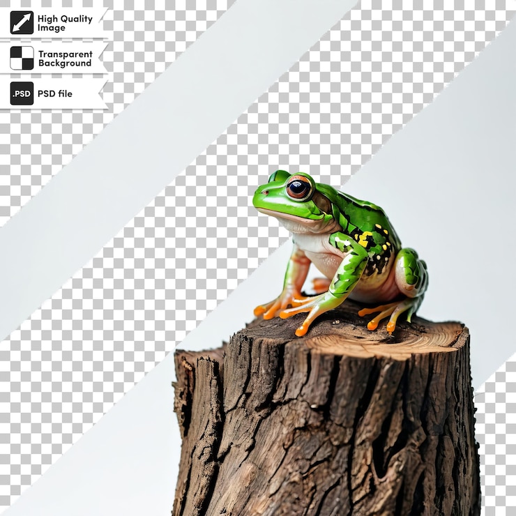 PSD a green frog sits on a log with a background of a monitor