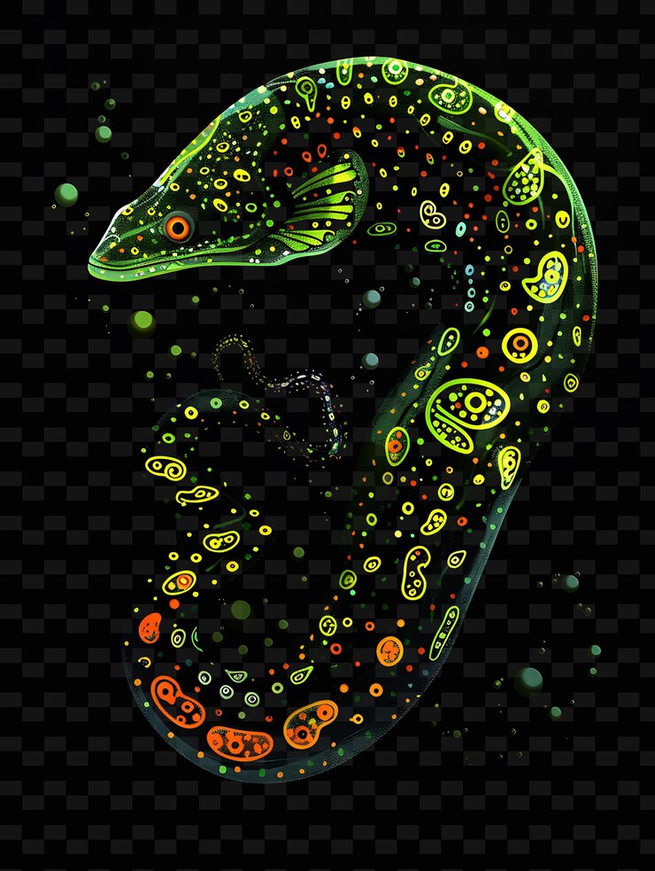 PSD a green frog with orange and yellow dots on a black background