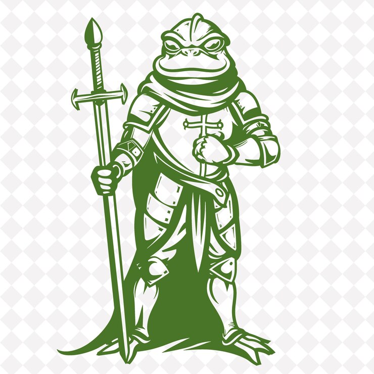 PSD a green frog with a sword and shield on it