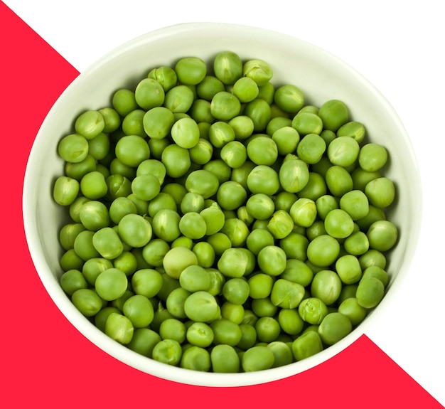 Green frozen peas in a bowl isolated on white background