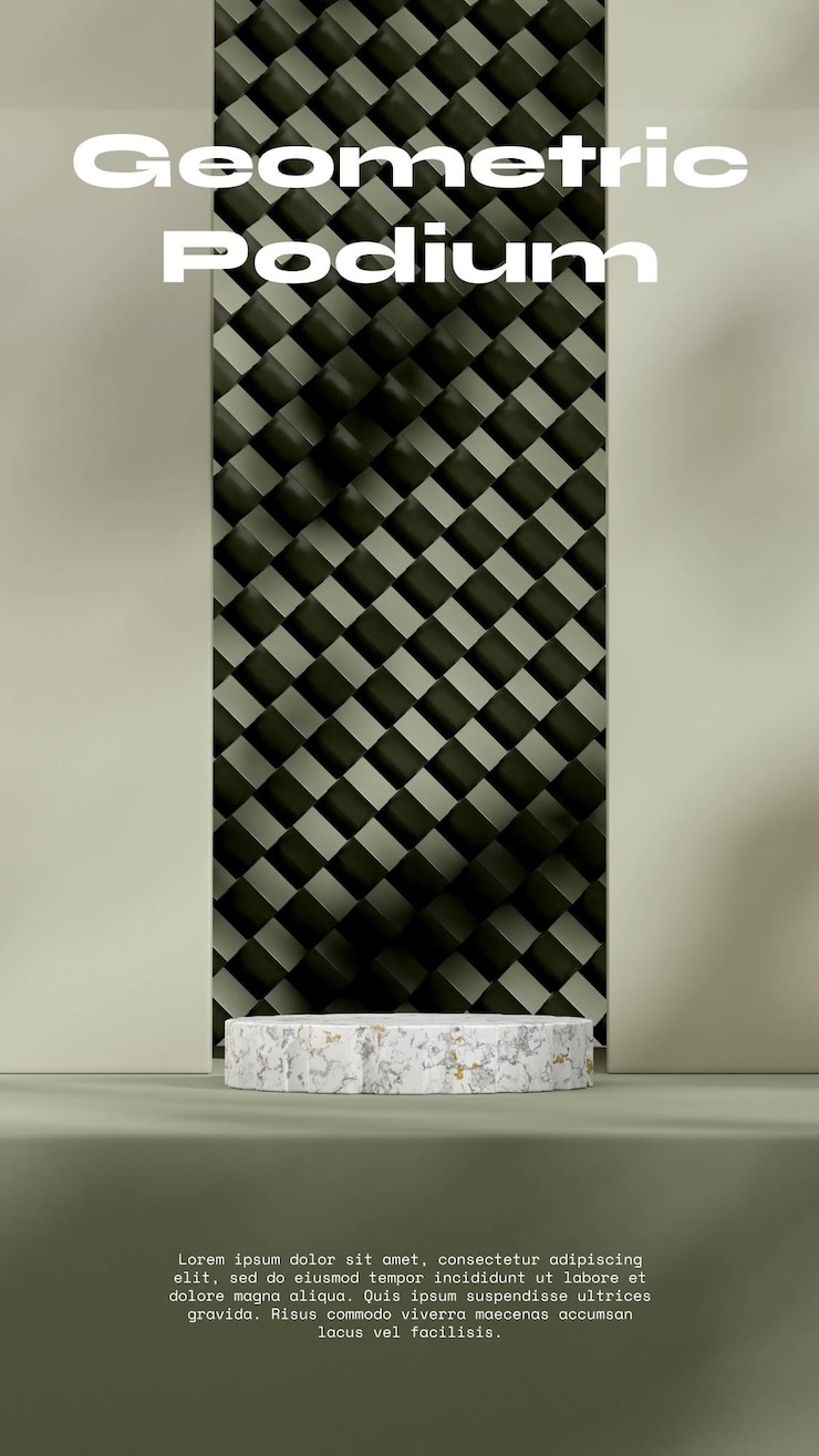 PSD green geometrical wall 3d rendering empty scene of white cylinder marble podium in portrait
