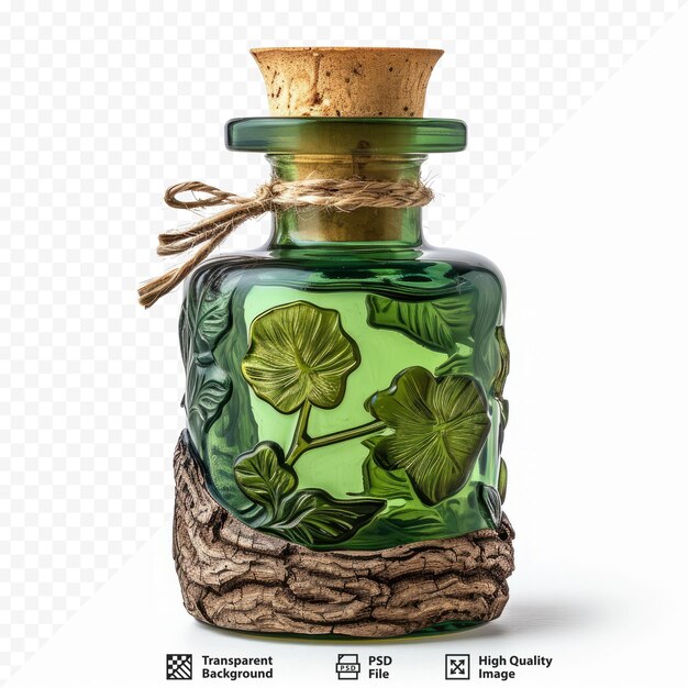 PSD green glass bottle with petals of rose flowers cork plugs laser carved wood and tree bark on a white isolated background