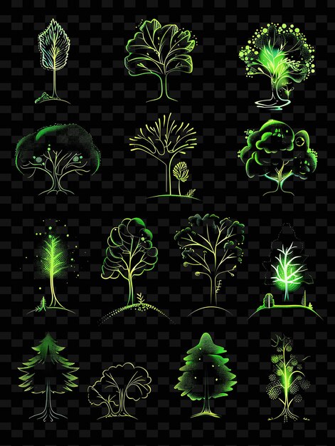 A green glow of trees on a black background