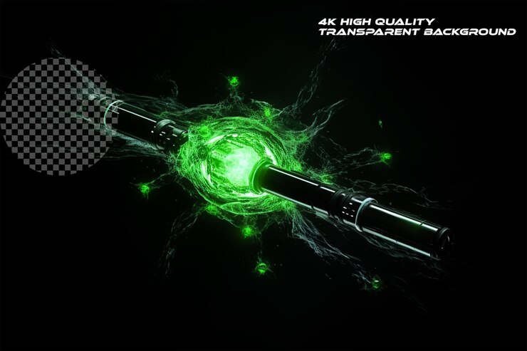 PSD green glowing quantum weapon in space transparent background