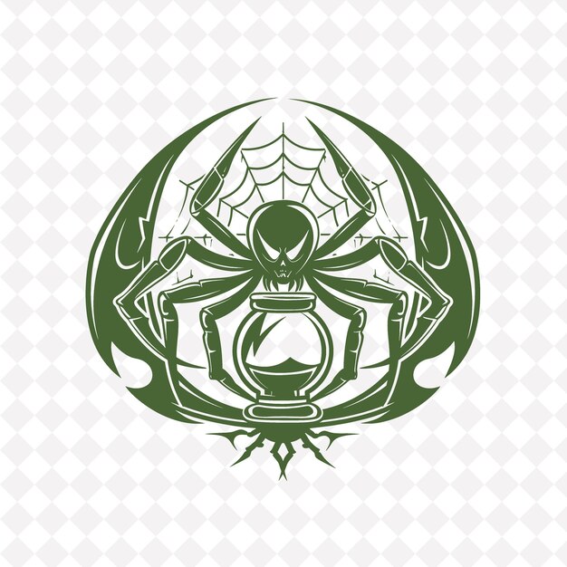 PSD a green and gold logo with a spider and a spider web