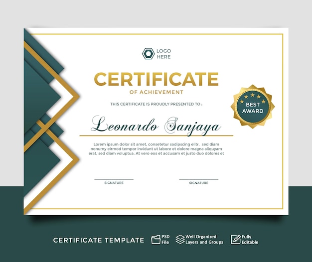 PSD Современный шаблон сертификата из зеленого золота