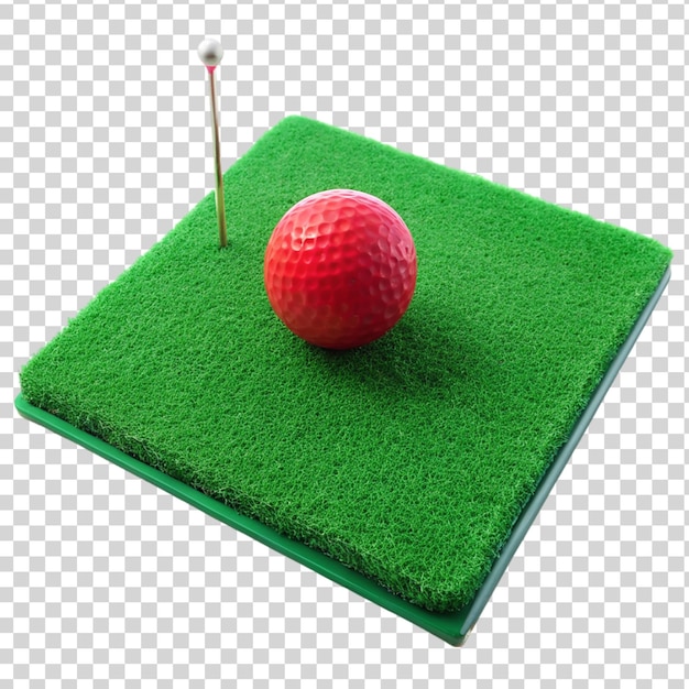 Green golf practice mat with red golf ball isolated on transparent background