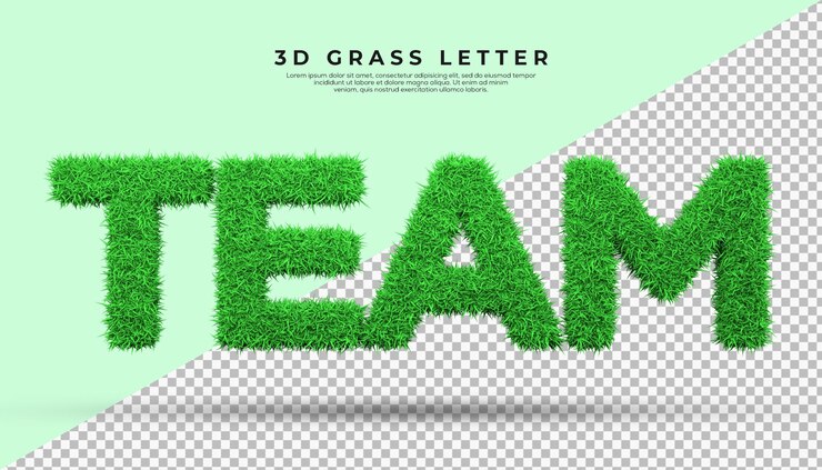 3d 렌더링에서 팀 단어의 푸른 잔디