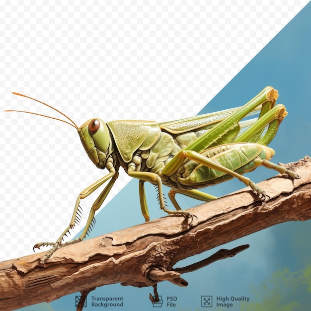 A green grasshopper sits on a branch with a blue background.