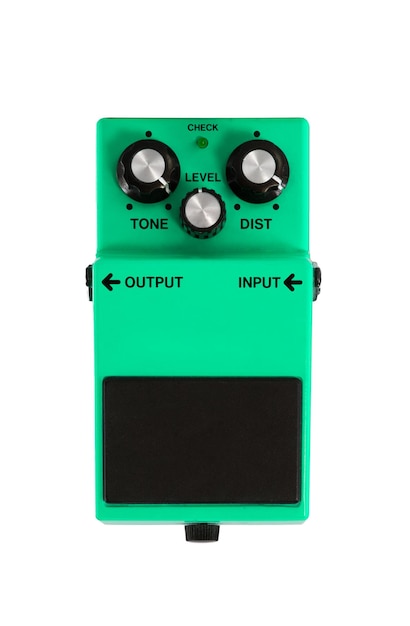 green guitar distortion effects pedal with knobs for tone level and distortion control