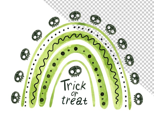 PSD green halloween rainbow with black skulls and bones cute watercolor psd illustration for kids