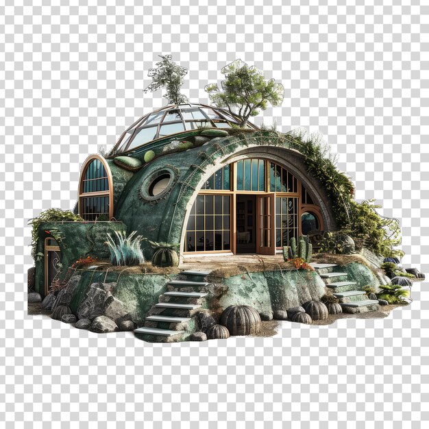 A green house with a tree on the roof