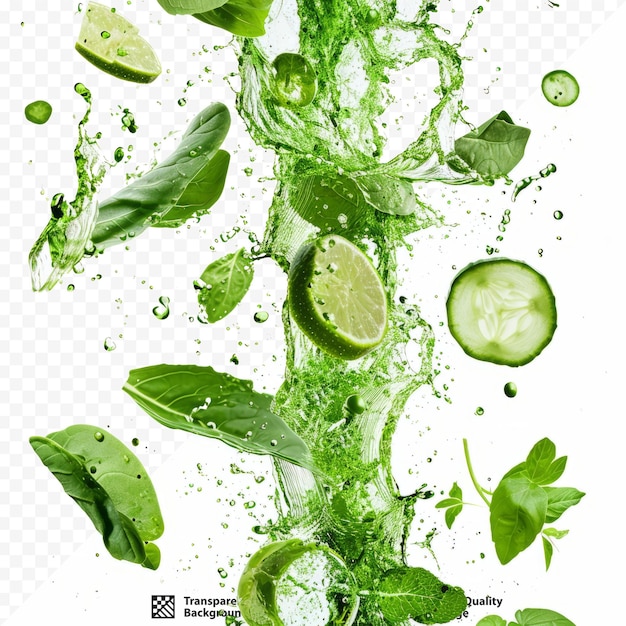 PSD green juice from nature splash in air water green leaf pour from sky and purify clean natural many shape form of water splashing flow over white isolated background isolated