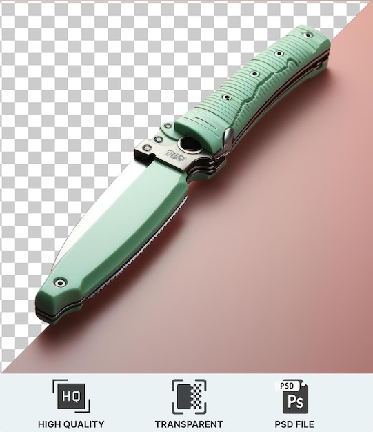 A green knife with a green handle rests on a pink background