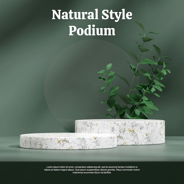 Green leaf and frosted glass 3d rendering blank mockup cylinder marble texture podium in square