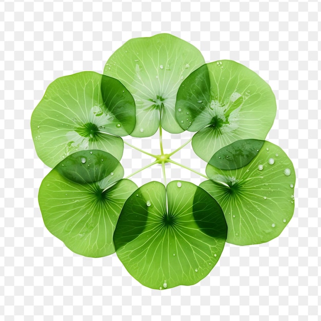 A green leaf with water drops on a transparent background