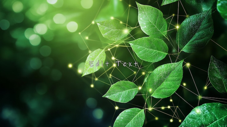 PSD green leaves connected by glowing lines bokeh background