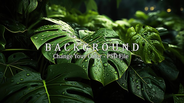 Green leaves of monstera plant with rain drops nature background