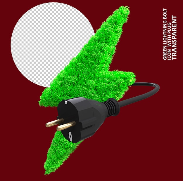 Green Lightning bolt icon with plug , 3D rendering illustration , Green energy concept , plug