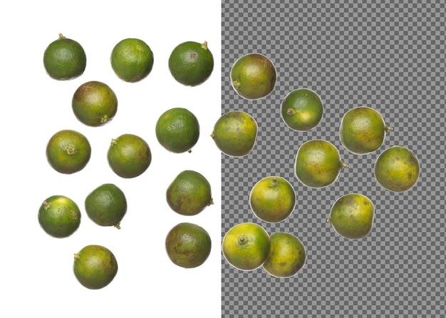 PSD 녹색 라임 플라이 폭발: 많은 둥근 녹색 라임을 떨어뜨리는 열대 녹색의 과일 그룹, 거친 자연 표면으로 공기를 던집니다. 색 배경 고속 셔터 동결 작용