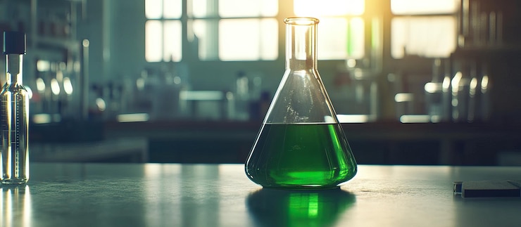 PSD green liquid in glass beaker in lab