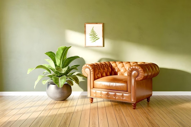 Green Living Room Background with Sofa and Plant