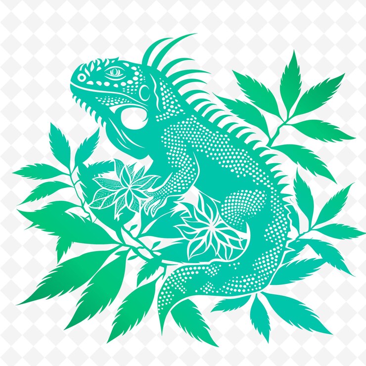 PSD green lizard with flowers and leaves on a white background