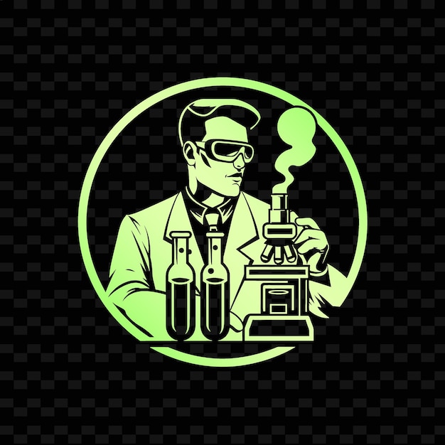 A green logo with a man in a lab coat and a bottle of liquid