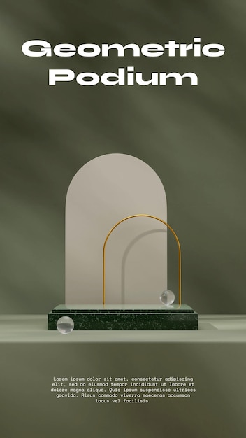 Green marble podium in portrait arch and gold ring background, 3d image render mockup template