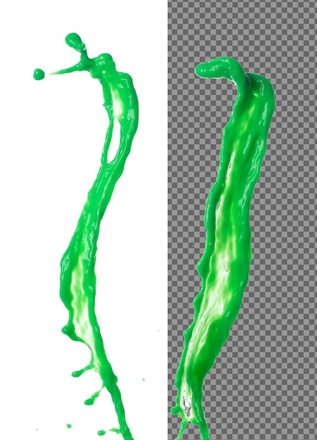 green matcha milk tea pour fall down explosion in air green matcha milk tea spill splash in shape form line as paint color white background isolated high speed shutter freeze motion
