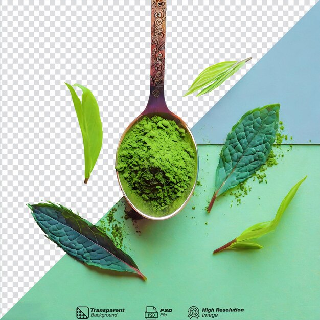 Green matcha powder in a spoon with tea leaves isolated on transparent background
