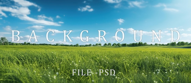 PSD green meadow bright blue sky background