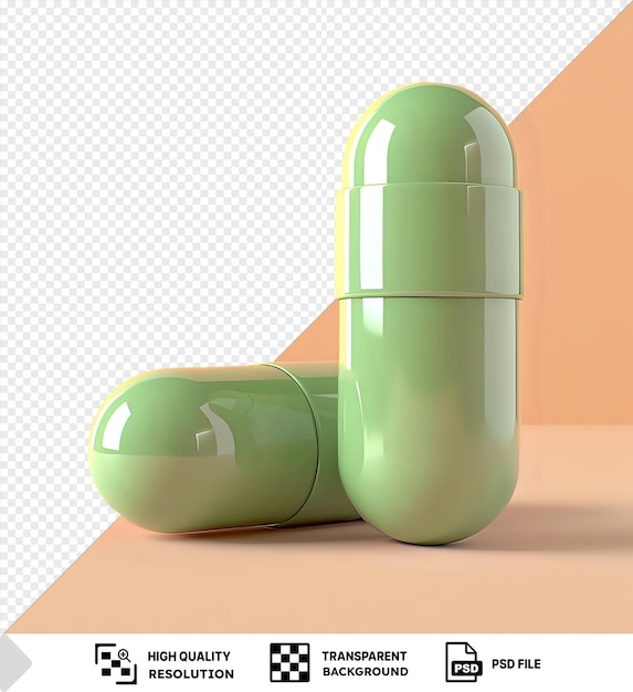 PSD modello di capsule di farmaci verdi su un tavolo rosa contro una parete rosa con un'ombra scura in primo piano png