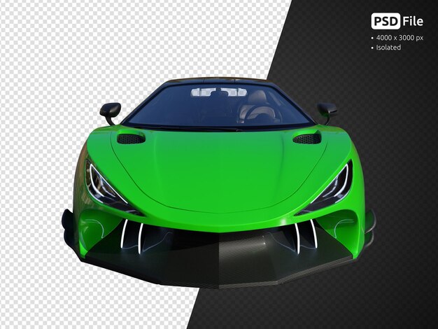 PSD Зеленый современный спортивный автомобиль, вид спереди, изолированный 3d рендеринг