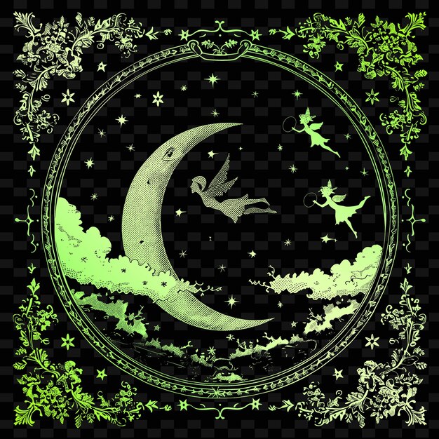 PSD a green moon and a bird flying in the sky