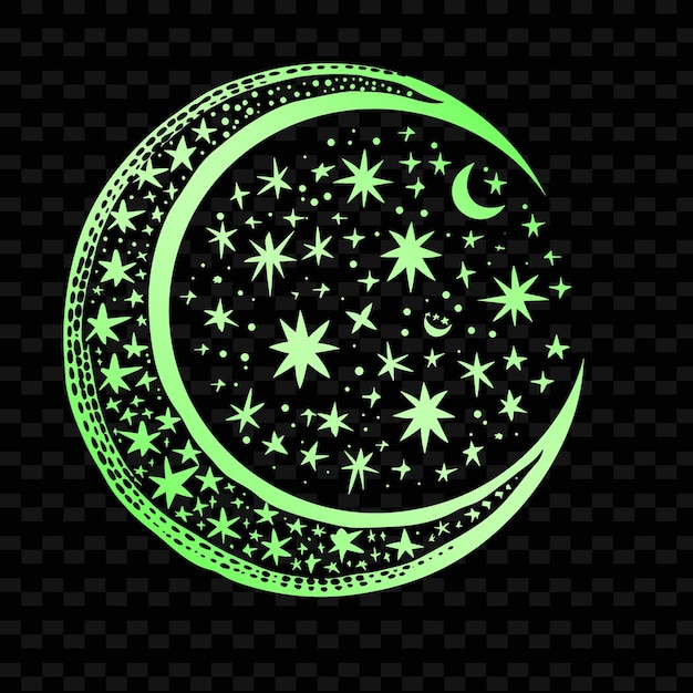 A green moon with stars and a crescent moon on a black background