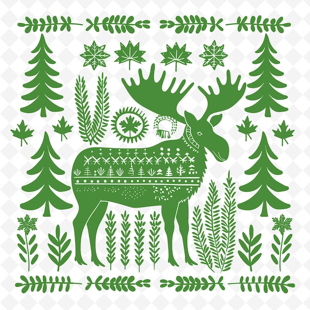 A green moose with a deer and trees in the background