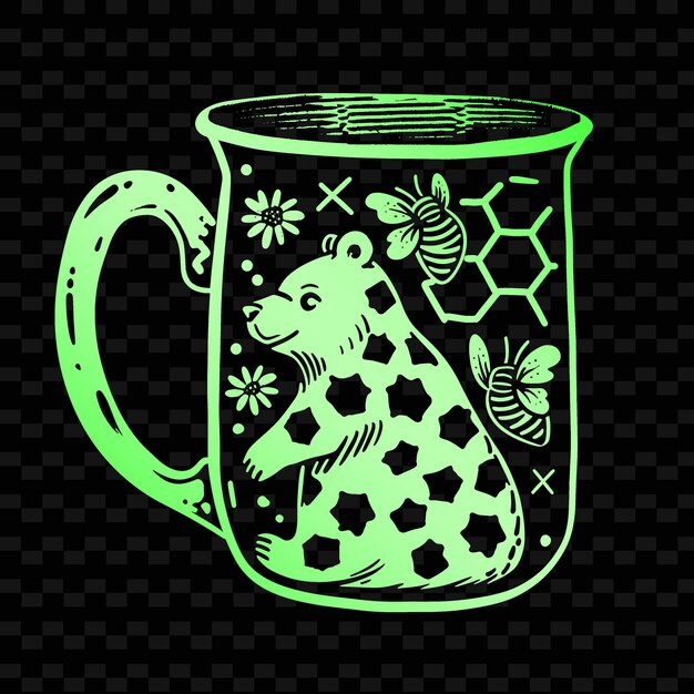 A green mug with a cow and bees on it